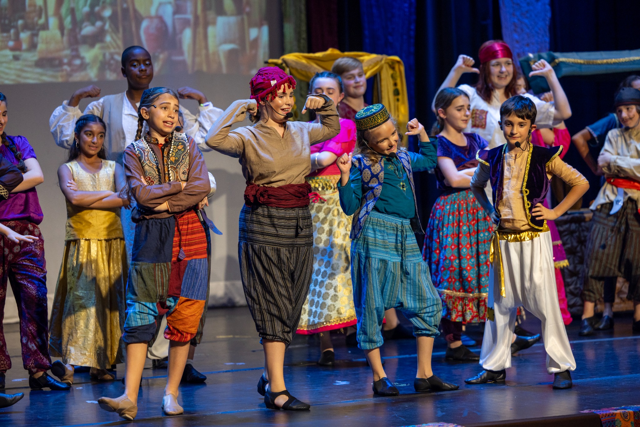 Young performers onstage in MTE's 2025 production of Aladdin Jr.
